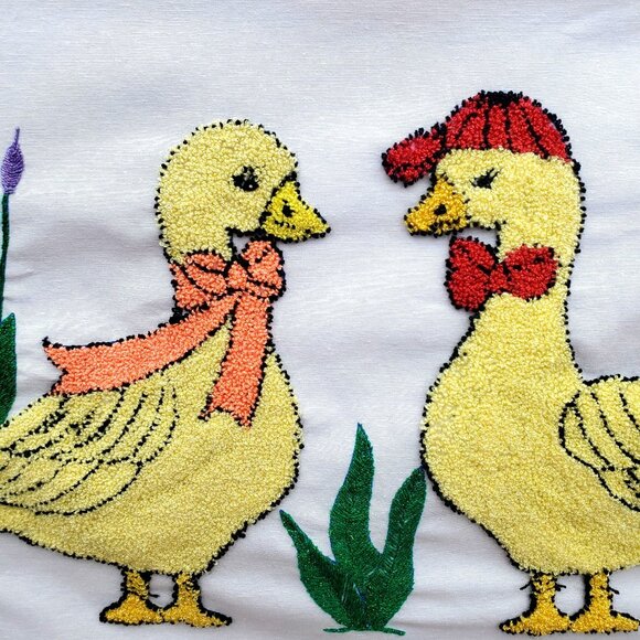 Punch Needle Embroidered Pillowcase Duck Mr and Mrs 26 x 15 Inch Boho Decor - Picture 2 of 12